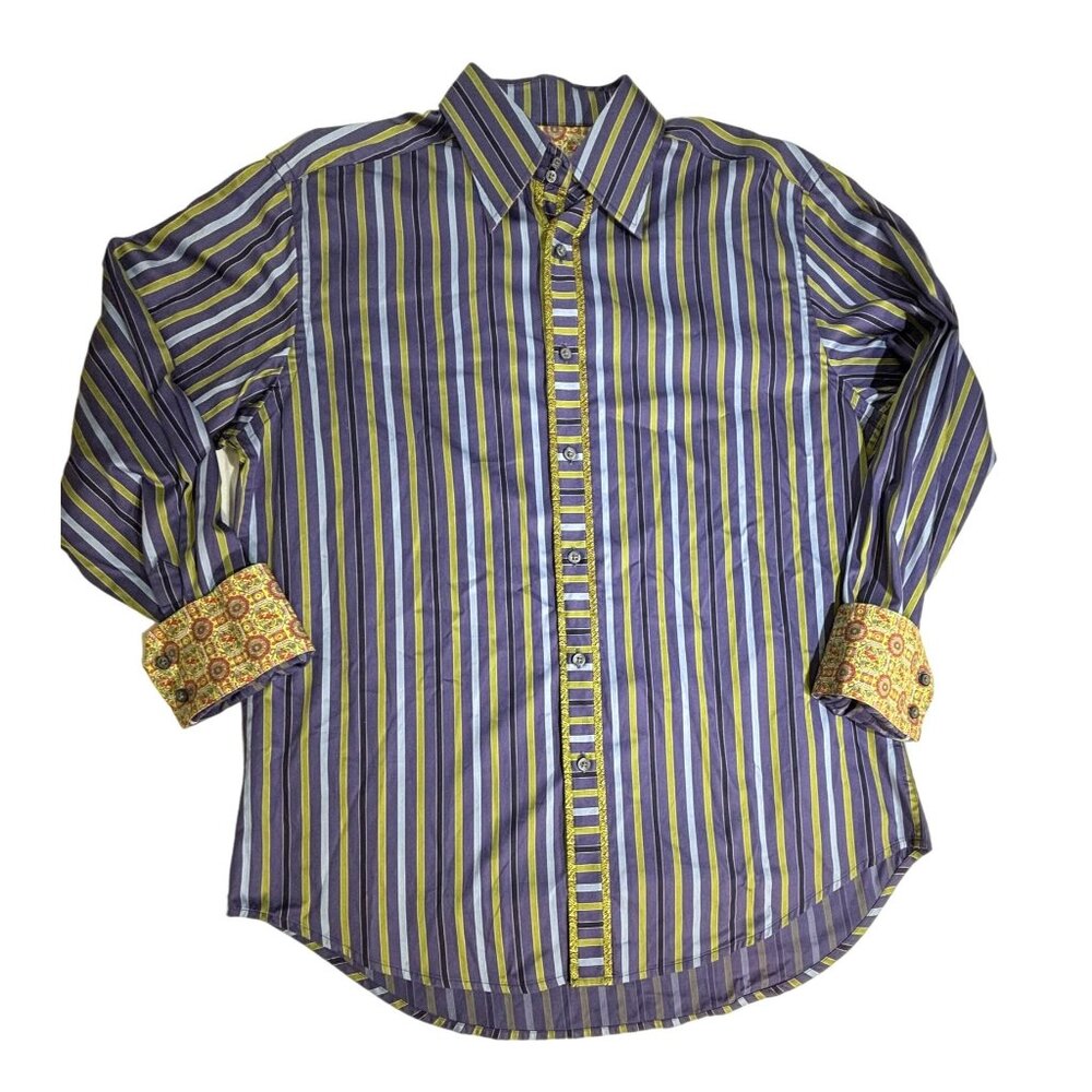 Robert Graham Button-Down Shirt Mens XL Striped Funky Flip Cuffs Purple Green